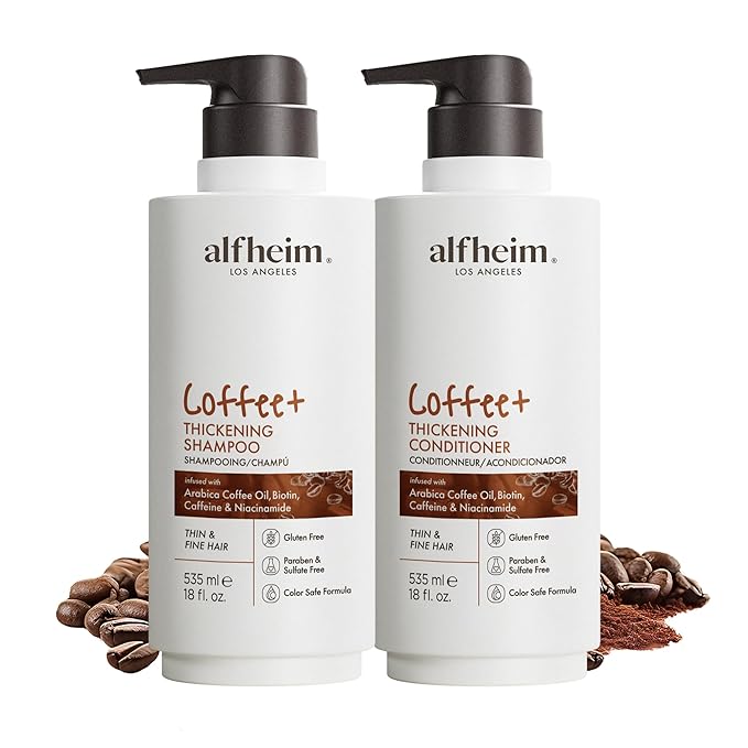 ALFHEIM Coffee+ Thickening Shampoo & Conditioner Set for Fine & Thinning Hair with Caffeine, Biotin & Arabica Coffee Oil – Strengthening, Moisturizing & Volumizing Duo – Sulfate-Free – 18 oz × 2