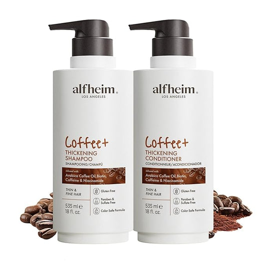 ALFHEIM Coffee+ Thickening Shampoo & Conditioner Set for Fine & Thinning Hair with Caffeine, Biotin & Arabica Coffee Oil – Strengthening, Moisturizing & Volumizing Duo – Sulfate-Free – 18 oz × 2