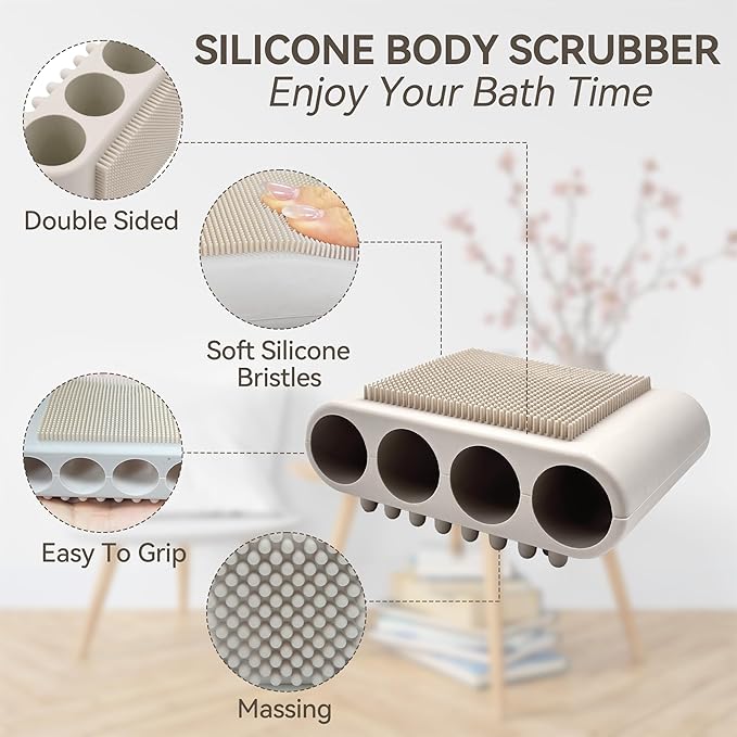 1PCS Silicone Body Scrubber Exfoliator- Bath Loofah & Sponges Alternative 4-Finger Non-Slip Grip Face & Scalp Scrubber for Sensitive Skin Body Brush for Men & Women (Light Grey)