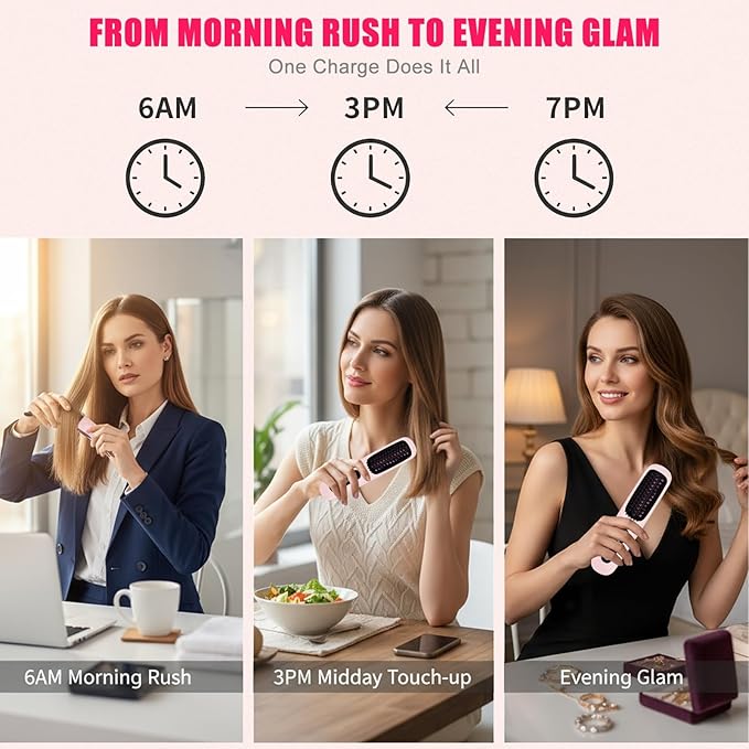 New Go Brush Pro 2025 Cordless Hair Straightener Brush - 20s Fast Heat Up, 50 Min Runtime, 199M Frizz-Fighting Ions, 4-Temp & LED, 3200mAh USB-C, Auto Shut-Off, Travel-Friendly (Pink)