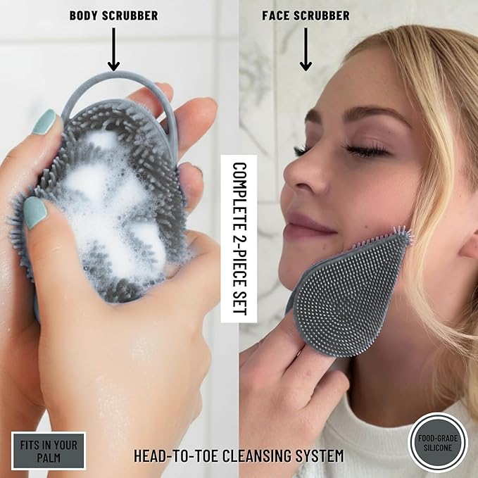 Body Face Scrubber Set Silicone - 2 Pack Shower Brush Facial Cleansing Kit - Avilana Bath Loofah Alternative Complete Skincare System Dual Sided - Gift Set Women Men