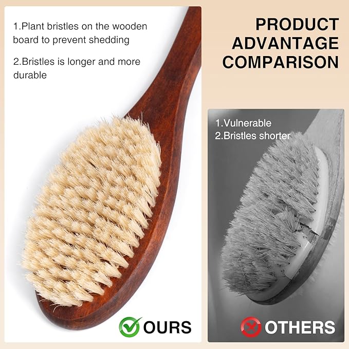 Wooden Bath Brush with Stiff Sisal Bristles Long Handle for Shower Back Scrubber Body Exfoliator, with Hook for Hanging (Stiff Sisal Hair)