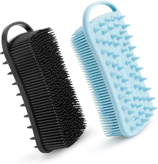 2 PCS Soft Silicone Body Scrubber, 2 in 1 Exfoliating Shower Bath Scrubber, Silicone Loofah Bath and Shampoo Brush Body Shower Use Shower Hair Scalp Massager, Easy to Clean, Lather Well (Black&Blue)