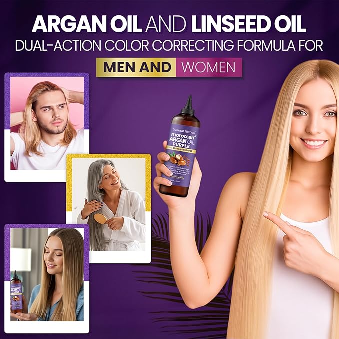 Natural Riches Purple Moroccan Argan Oil Hair Treatment with Linseed Extract, Anti-Brass Formula for Blonde, Silver, Platinum & Grey Hair Neutralize Yellow Tone, Smooths Frizz & Restore Shine 8 fl oz