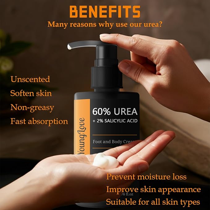 Fragrance Free 60% Urea Cream plus 2% Salicylic Acid, for Dry Cracked Hands Knees Feet Heels, Repair Unscented Foot Cream for Dead Skin, Lotion for Moisturizing and Softening 6.76 OZ