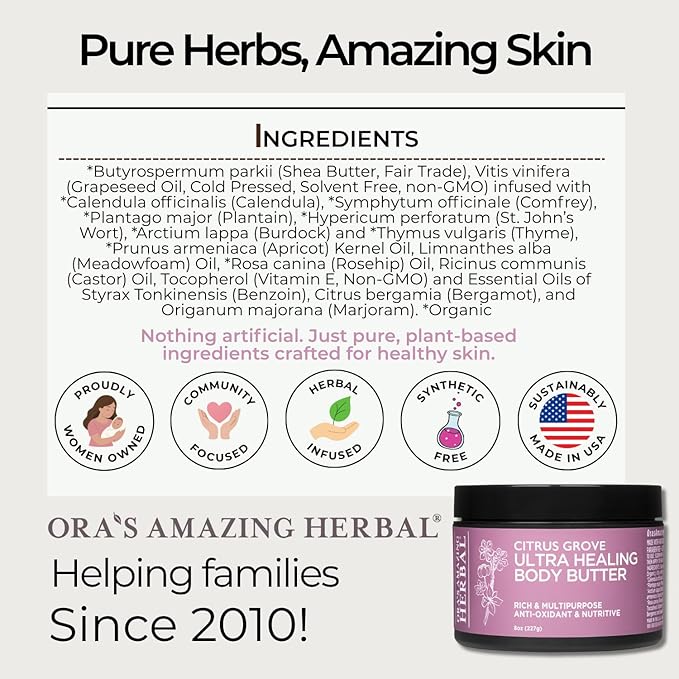 Ora's Amazing Herbal Natural Skin Care Gift Set, Intensive Moisturizers Intensive Dry Skin Care, All Purpose Herbal Salve 4 oz, Citrus Grove Ultra Healing Body Butter, 2 oz