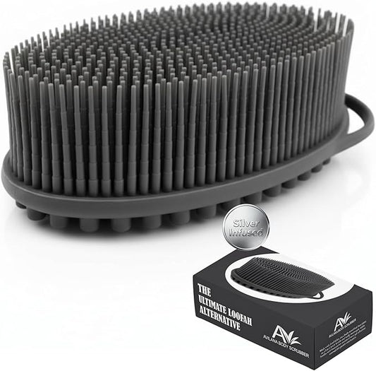 Silver Infused Silicone Body Scrubber Shower - Gentle Back Scrubber Soft Bristles - Avilana Premium Dual Sided Bath Brush Massage - Advanced Material Loofah Alternative - Gift Women Men