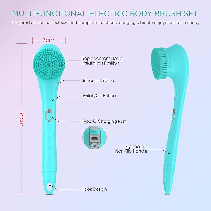 VOYOR Electric Body Brush Back Scrubber Silicone Body Scrubber Two-Way Rotating Brush Head for Deep Cleaning, Exfoliation, 4 Attachments Long Handle IPX6 Rechargeable Shower Brush BC300 (Blue)