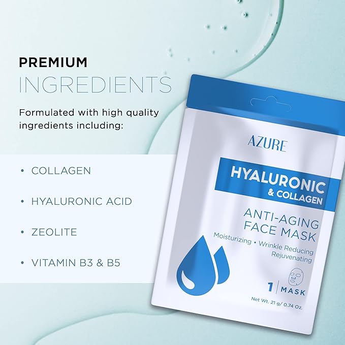 Azure Cosmetics Hyaluronic Acid & Collagen Anti Aging Sheet Facial Mask - Rejuvenating & Moisturizing Face - Helps Reduce Fine Lines & Wrinkles, Tightens & Smooths - Made in Korea - Pack of 5