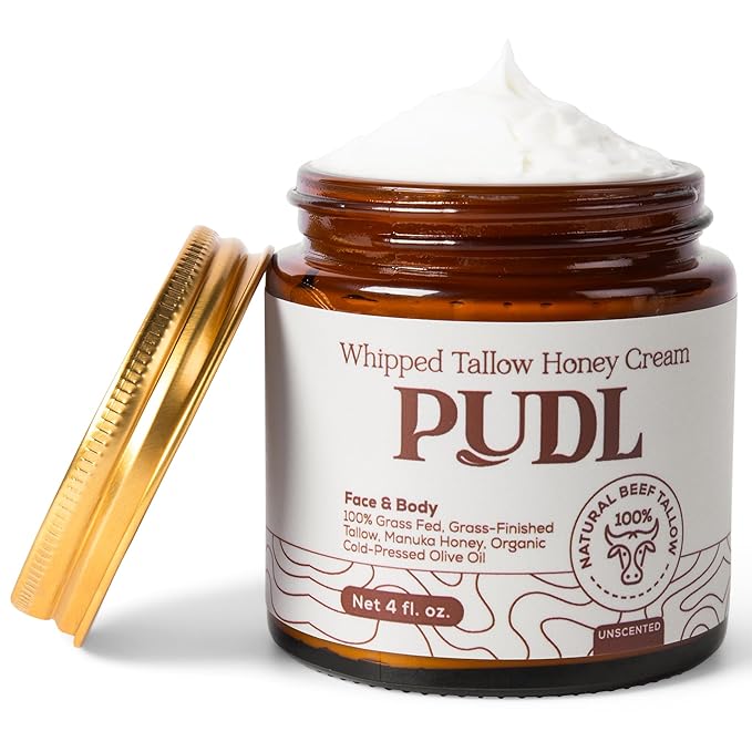 PUDL Grass Fed Beef Tallow for Skin Care with Manuka Honey, Organic Olive Oil and Jojoba Oil – Whipped Lotion Balm Anti-Aging Moisturizer Deeply Nourishing for Sensitive Skin Face & Body