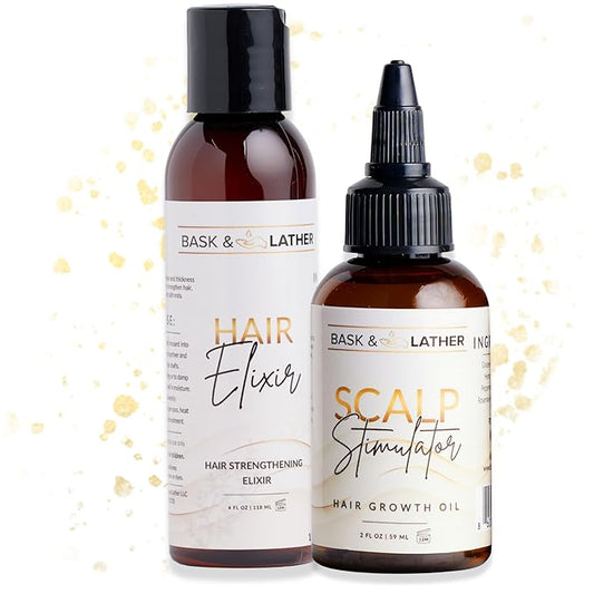 BASK & LATHER Growth & Length Retention Bundle | Hair Elixir + Scalp Stimulator Oil | Strengthen, Nourish & Revitalize Hair | Natural Oils for Healthy Scalp, Reduced Breakage & Faster Growth