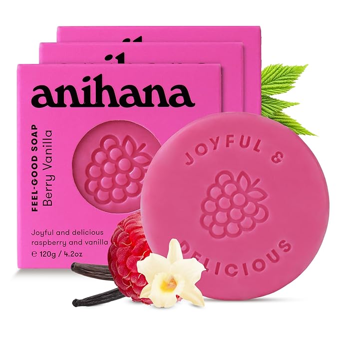 ANIHANA Feel-Good Soap 3 Pack with Coconut Oil and Shea Butter, Gentle Cleansing, Paraben Free, Cruelty Free, Refreshing Berry Vanilla Scent, 4.2 oz each