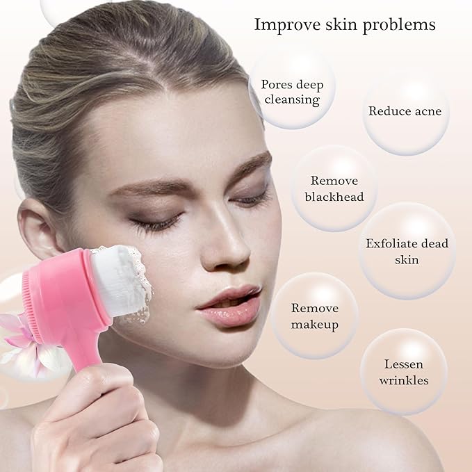 Face Brush 2 in 1, Silicone Facial Cleansing Exfoliating Brush Soft Bristles Pore Deep Cleansing Manual Dual Face Wash Scrub Brush For Massaging, Makeup Skincare Removal, Gradient Pink
