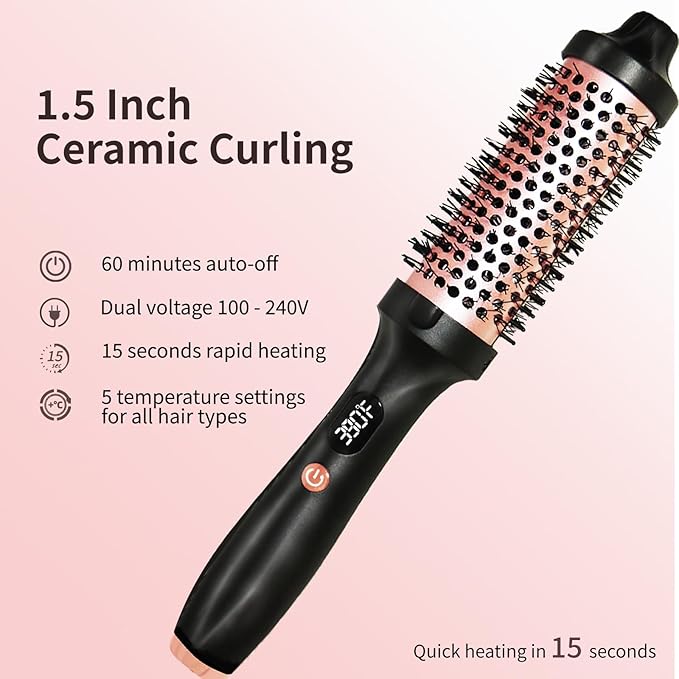 Thermal Brush, Heated Round Brush, Negative lon Heated Curling Brush 1.5 Inch, 3 Temp Settings,15s Heating, Dual Voltage Rose Gold Update Ceramic Tourmaline