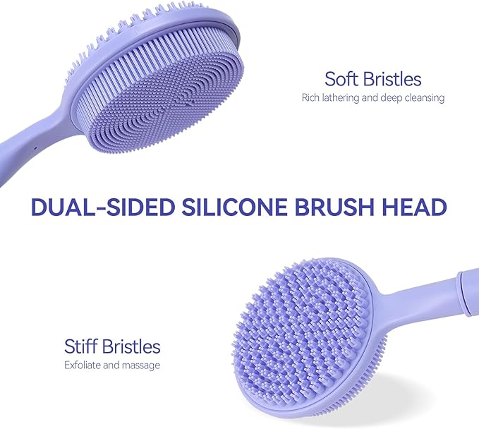 Back Scrubber for Shower, (16-24 Inch) Extendable Bath Brush Long Handle for Shower, Silicone Body Scrubber with Handle, Back Brush for Shower Men and Women,Easy to Clean (Purple)