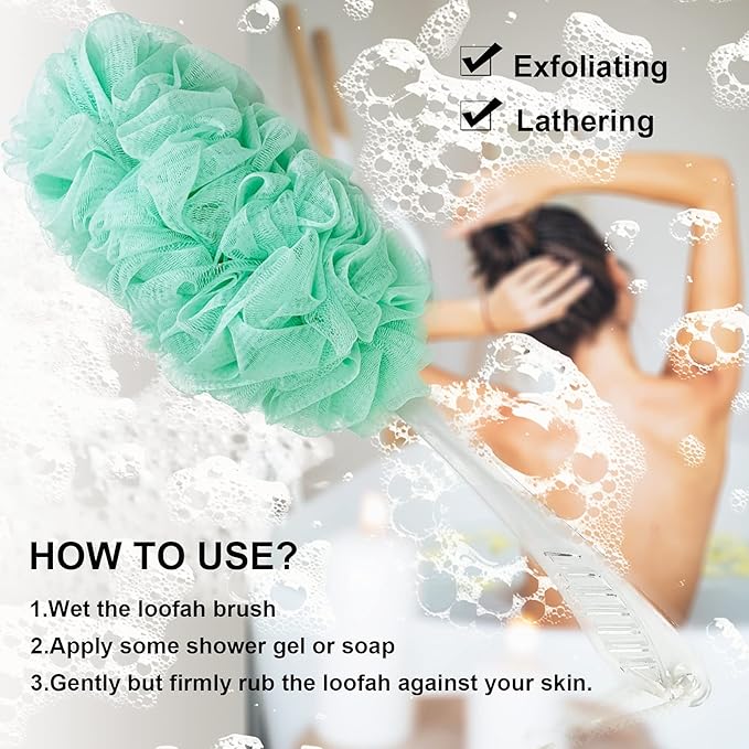 PPHAO - Bath Loofahs on a Stick for Men - Bath Brush Long Handle for Shower Elderly - Loofah Sponge for Women - Plastic Loofah - Bath Body Brush - Green Loofah - 2Pack