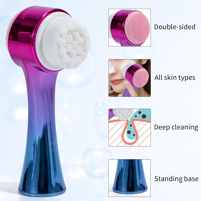 Face Brush 2 in 1, Silicone Facial Cleansing Exfoliating Brush Soft Bristles Pore Deep Cleansing Manual Dual Face Wash Scrub Brush for Massaging, Makeup Skincare Removal, Gradient Purple Blue