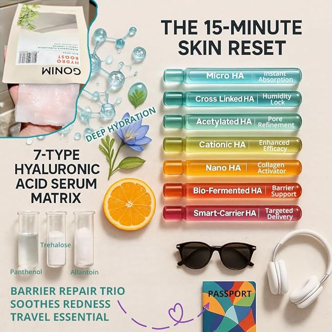 GONIM Face Mask Korean Skin Care with Hyaluronic Acid Serum, Collagen Activation, Vitamin C-Face Masks Skincare Hydration, Moisturizing Sheet Mask, Travel Essentials, Korean Face Mask 30ml x5pcs