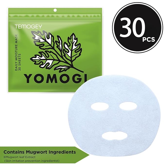 YOMOGI Daily Moisture Sheet Mask 30 Sheets | Mugwort-Infused Soothing Mask for Sensitive Skin | Made in Japan | Hydrating & Balancing