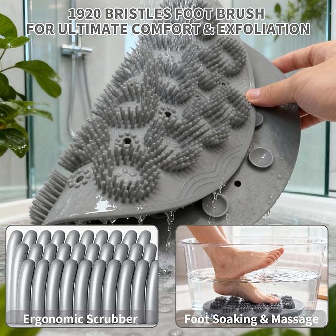 Shower Foot Scrubber Mat & Silicone Back Scrubber with Soft Silicone Bristles,Quick Drying Foot Scrubber in Shower,Deep-Cleaning Wall Mounted Back Scrubber Silicone Bath(Gray)
