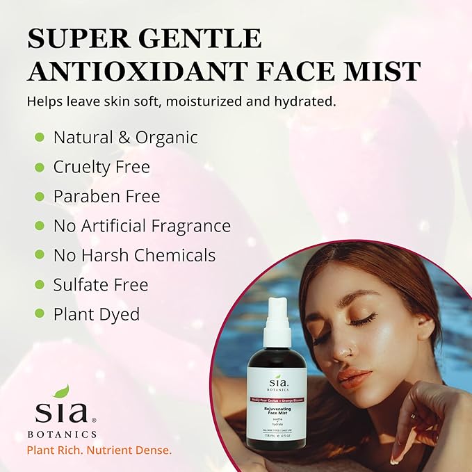 Sia Botanics Rejuvenating Face Toner Mist (118ml/4oz Bottle) | Facial Treatment w/Prickly Pear, Aloe Vera, Orange Blossom | Natural, Clean, Botanical Skincare for Women