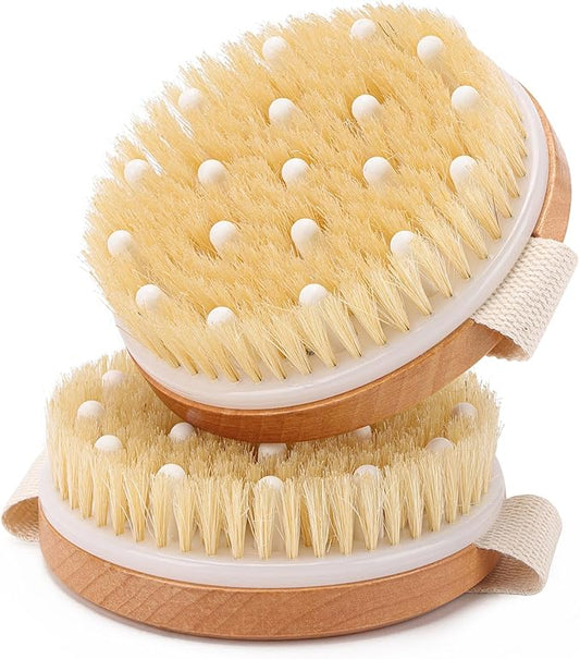 2-Pack Dry Brushing Body Brush for Lymphatic Drainage, Round Dry Exfoliating Brush with Massage Nodes for Cellulite, Dry Skin, Circulation Boost