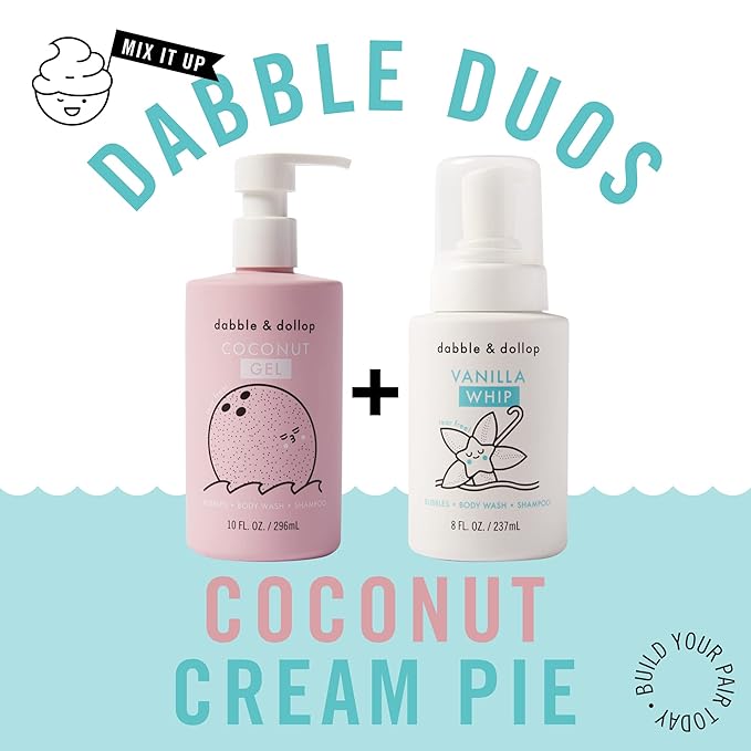 Dabble & Dollop Coconut + Vanilla Body Wash & Shampoo – 3-in-1 Natural Bubble Bath for Kids, No Parabens or Sulfates, Vegan, Gluten-Free, Tear-Free (2-Pack)