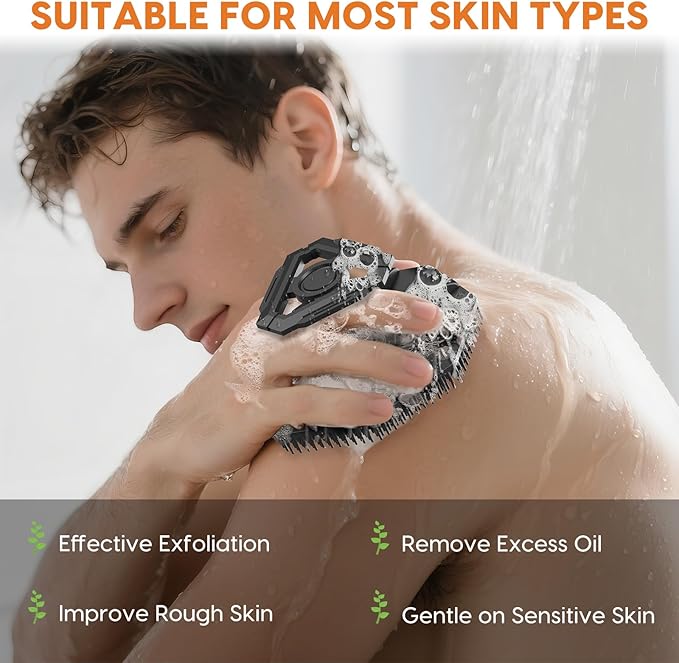 Silicone Body Scrubber, Non-Slip Handheld Cleansing Brush, Rich Foam, Deep Exfoliation, Brightening Skin, Comfortable Massage, for All Skin Types, Men and Women (Black)