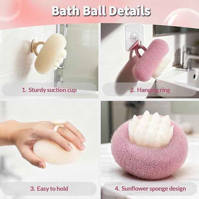 Deep Exfoliating Bath Set 3PCS: 2 Super Soft Sunflower Suction Cup Bath Balls, & 2-in-1 Long Exfoliating Shower Towel, Body & Back Scrubber Exfoliator, Body Massage Scrub & Shower Loofah Sponge