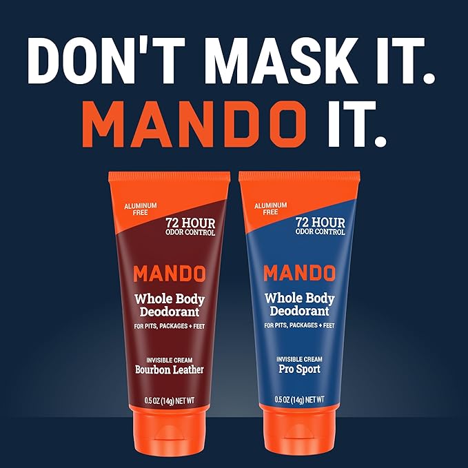 Mando Whole Body Deodorant For Men - XS Travel-Sized Invisible Cream Tube - 72-Hour Odor Control - Aluminum-Free, Baking Soda-Free - 0.5 ounce Tubes (Pack of 2) - Bourbon Leather and Pro Sport Scents