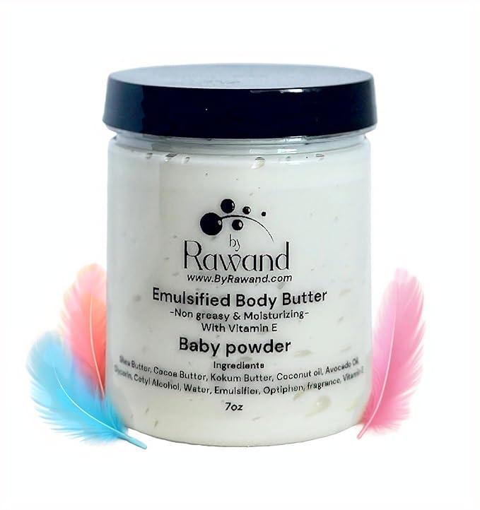 Handmade baby powder Body buttercream with Shea & Cocoa butter based with natural oils & Hyaluronic Acid - non greasy, moisturizing (White (Baby Powder))