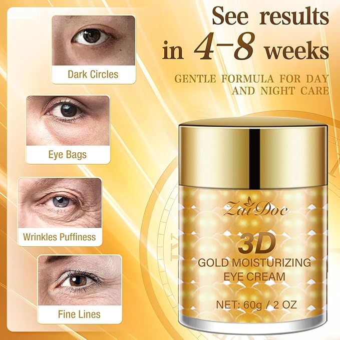 Gold Moisturizing Eye Cream, Hydrating Under Eye with Hyaluronic Acid, Glycerin, Delicate Eye Skin Increase Skin Elasticity for All Skin Types, 2oz
