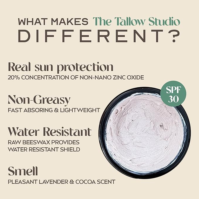 Everyday Tallow Mineral Sun Balm ~ SPF 30 | 100% Grass-Fed & Organic | Face & Body | Naturally Scented with Frankincense & Lavender Oil | Zinc Oxide | Water Resistant (2oz)