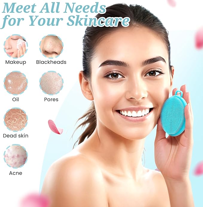 Silicone Back Body Face Scrubbers Set 4PCS, 15.35’’ Back Scrubber Soft Body Scrubber for Dual-Side Usage, Easy-to-Hold Soft Bath Glove & Face Scrubber for Good Foaming Deep Cleaning(Blue)