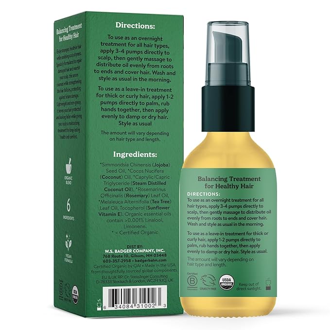 Badger Organic Jojoba Hair Oil & Dry Scalp Treatment, Soothing & Moisturizing Itchy Dry Scalp Oil, Rosemary Hair Oil, Organic Jojoba Oil Hair & Scalp Moisturizer, 2 fl oz Glass Bottle