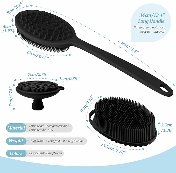 Silicone Back & Body & Face Scrubber Set 3PCS, Gentle Exfoliating Back & Body Scrubber with Dual-Side Brush Head, Hygienic Silicone Loofahs with Soft Bristle and Non-Slip Handle(Black-3PC)