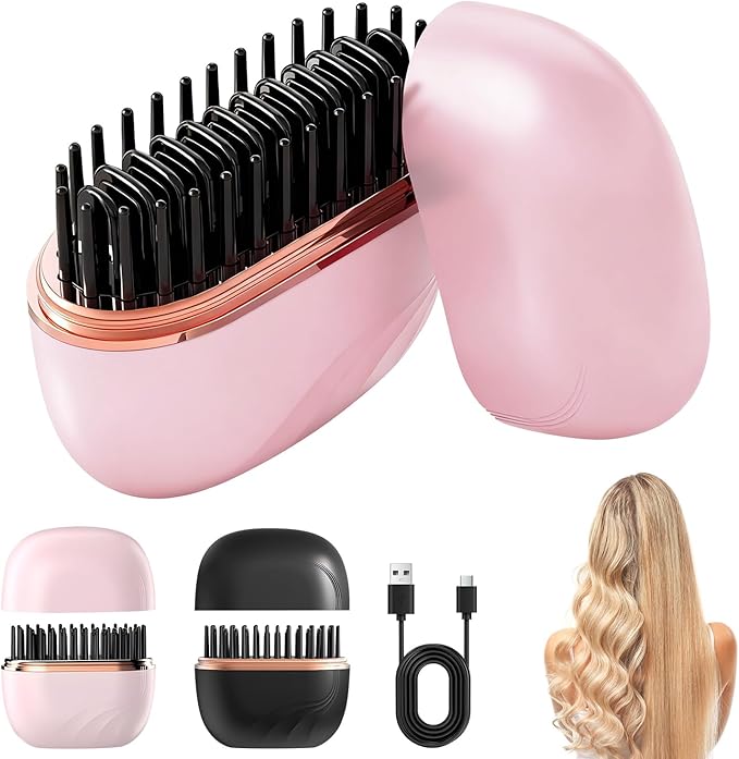 Mini Straightener,Rechargeable Portable Hair Straightener Brush,Fast Heating Hot Comb,Anti Scald Shell,3-Speed Temperature Control,Lightweight Mini Hair Straightener Brush for Home Travel Gift (Pink)