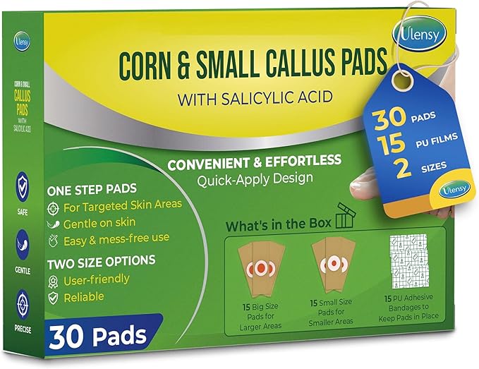 Corn Remover Pads for Feet Toes: 30-Pack Salicylic Acid Extra Strength Treatment - Fast Effective Medicated Bandages for Kids Adults Seniors Teens Athletes Runners Hikers Workers Men Women