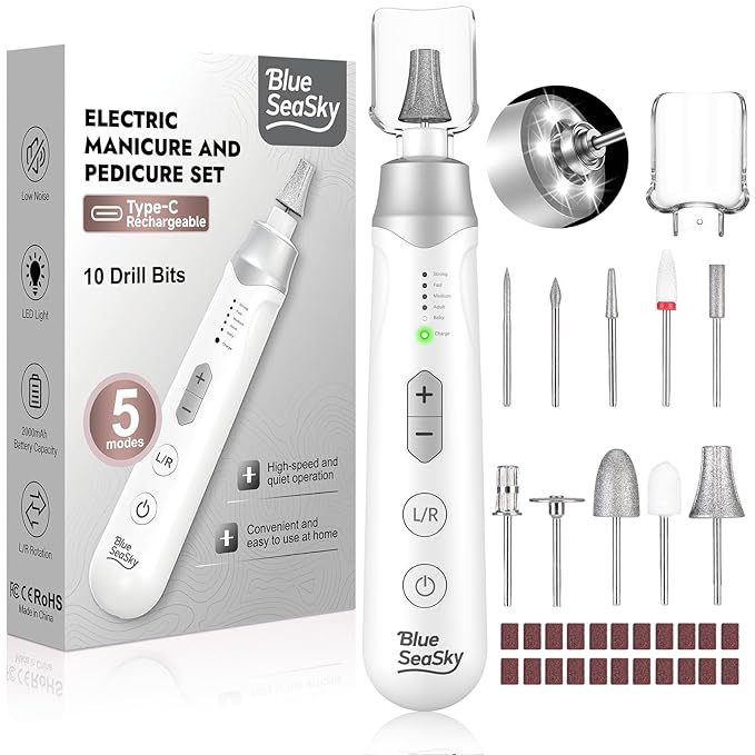 Professional Electric Nail Drill 2000mAH Portable Cordless Electric Nail File 10 in 1 Manicure Pedicure Kit ,5-Speeds Toe Nail Tools Hand Foot Care,Thick Toenail Grinder for Women Men Pets (Silver)