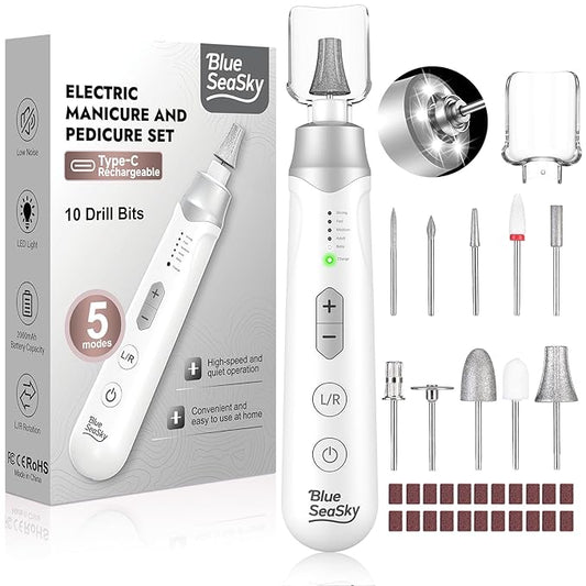 Professional Electric Nail Drill 2000mAH Portable Cordless Electric Nail File 10 in 1 Manicure Pedicure Kit ,5-Speeds Toe Nail Tools Hand Foot Care,Thick Toenail Grinder for Women Men Pets (Silver)