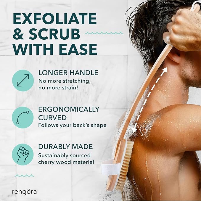 Back Scrubber for Shower - 20" Long Handle Shower Brush - Natural Bristle Back Brush - Ergonomic Handle + Silicone Anti-Slip Grip - Great Gift Idea - Men, Women + Elderly Love This (Regular Bristles)