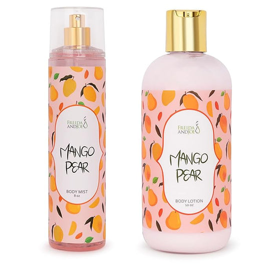 Home Spa Gift 10oz Deep Moisturizing Fragrance Body Lotion & 8 oz. Fine Fragrance Body Mist Set Luxury Self-Care Combo for Women and Girls (Mango Pear)