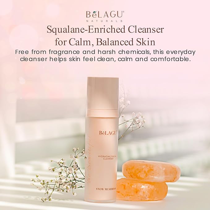 BeLAGU Hydrating Facial Cleanser with Squalane - Gentle Water Based Cleanser and Face Wash for Sensitive Dry or Oily Skin - Natural Daily Cleansing to Hydrate and Calm Clean Balanced Skin - 4.1 fl oz