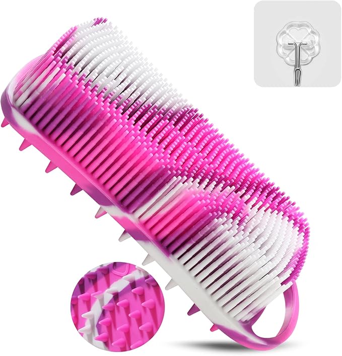 Silicone Body Scrubber, 2 in 1 Body Brush & Hair Scalp Brush for Shower and Bath, Easy Clean, Lathers Well, Stimulating Blood Circulation More Hygienic Than Loofah, Fit Women Men.Camo Purple