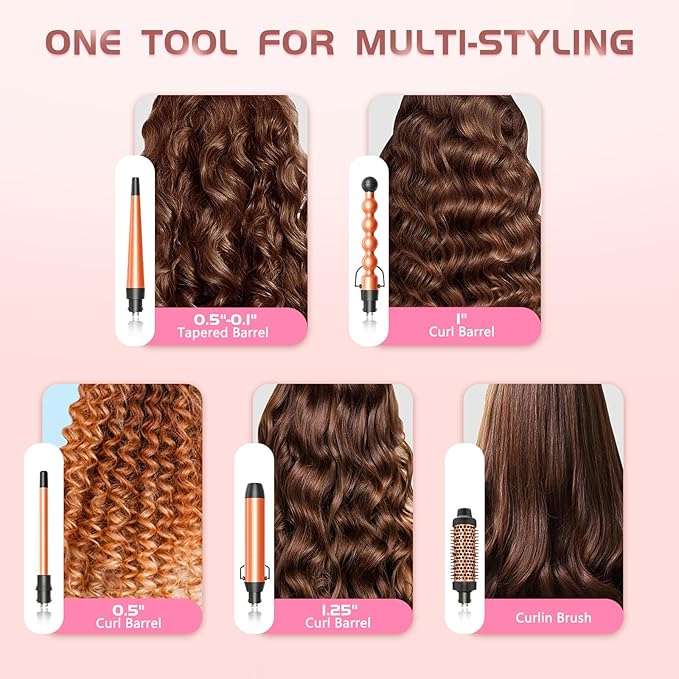 GSKY 5 in 1 Hair Curling Irons, Curling Iron Wand 5Pcs 0.5 to 1.25 Inch with Thermal Brush, Interchangeable Ceramic Barrel with Case Heat Protective Glove 2 Clips, Dual Voltage Hair Curler