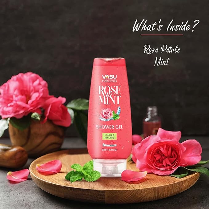 Vasu Naturals Shower Gel Body Wash for Men Women, Pack of 2-8.45 fl oz Each, Deep Cleansing & Hydrating Formula for Smooth, Refreshing, Nourished Skin, Paraben and Sulfate Free (Rose & Mint)