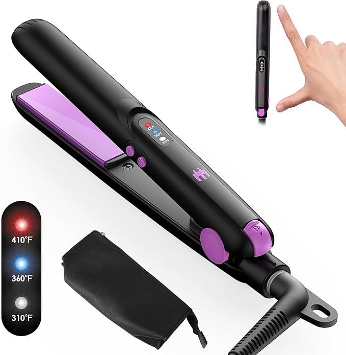 Mini Ceramic Flat Iron 0.7 Inch, Hair Straightener for Short Hair, Curls, Bangs - Adjustable Temperature, Portable Dual Voltage with Travel Pouch for Women, Men