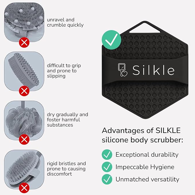 Silicone Body Scrubber - Exfoliating Bath Brush and Skin Cleanser - Shower Sponge for Gentle Body Scrub and Wash - Silicone Scrubbing Care Tool for a Refreshed and Renewed You - Black