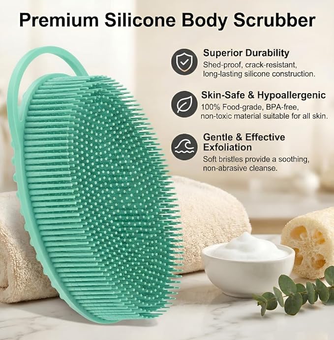 Silicone Body Scrubber, Exfoliating Loofah Alternative for Women Men, Soft Silicone Body Shower, 2 in 1 Bath and Shampoo Brush for Sensitive Skin, Back,Showering,Brush Exfoliator (Green)