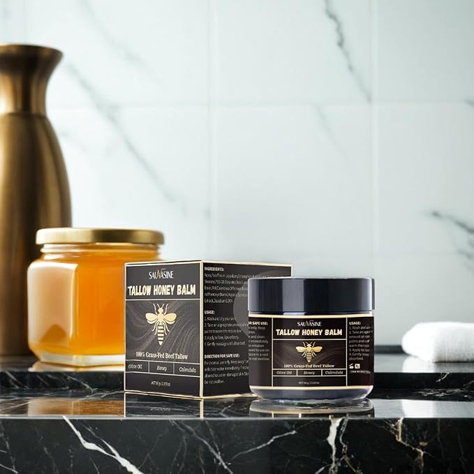 Organic Tallow Honey Balm for Nourishing Face and Body Cream,100% Grass-Fed Beef Tallow Body Butter For Dry Skin Moisturizing With Olive Oil,Honey,Calendula For Sensitive Skin Repair -60G(2.16Oz)